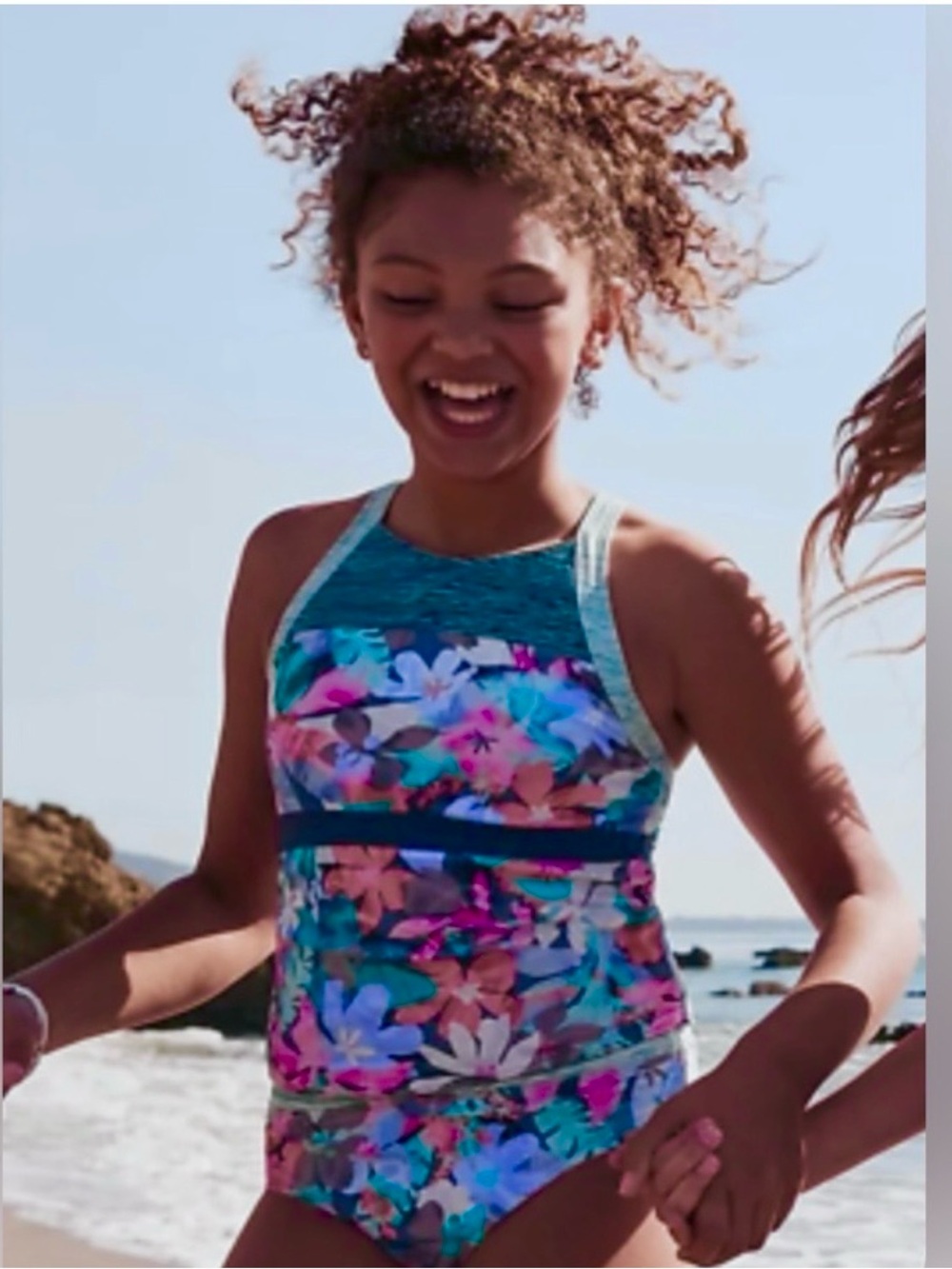 NWT Athleta Girl Surfs Up Floral High-Neck Tankini - Teal Multicolor
